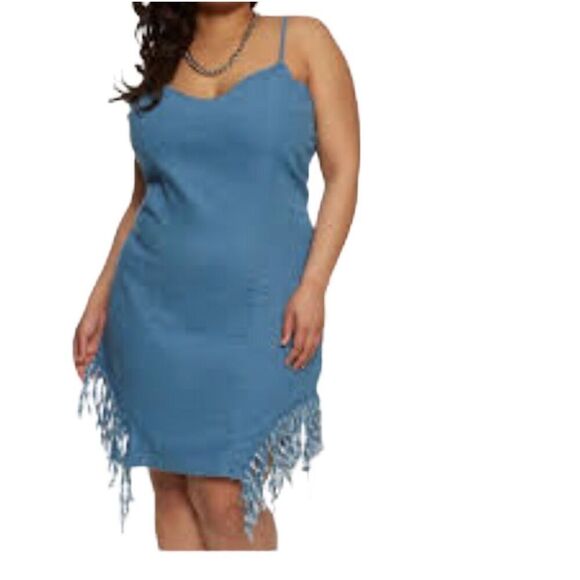 Denim Fringe Detail Plus Size Dress - Picture 1 of 11